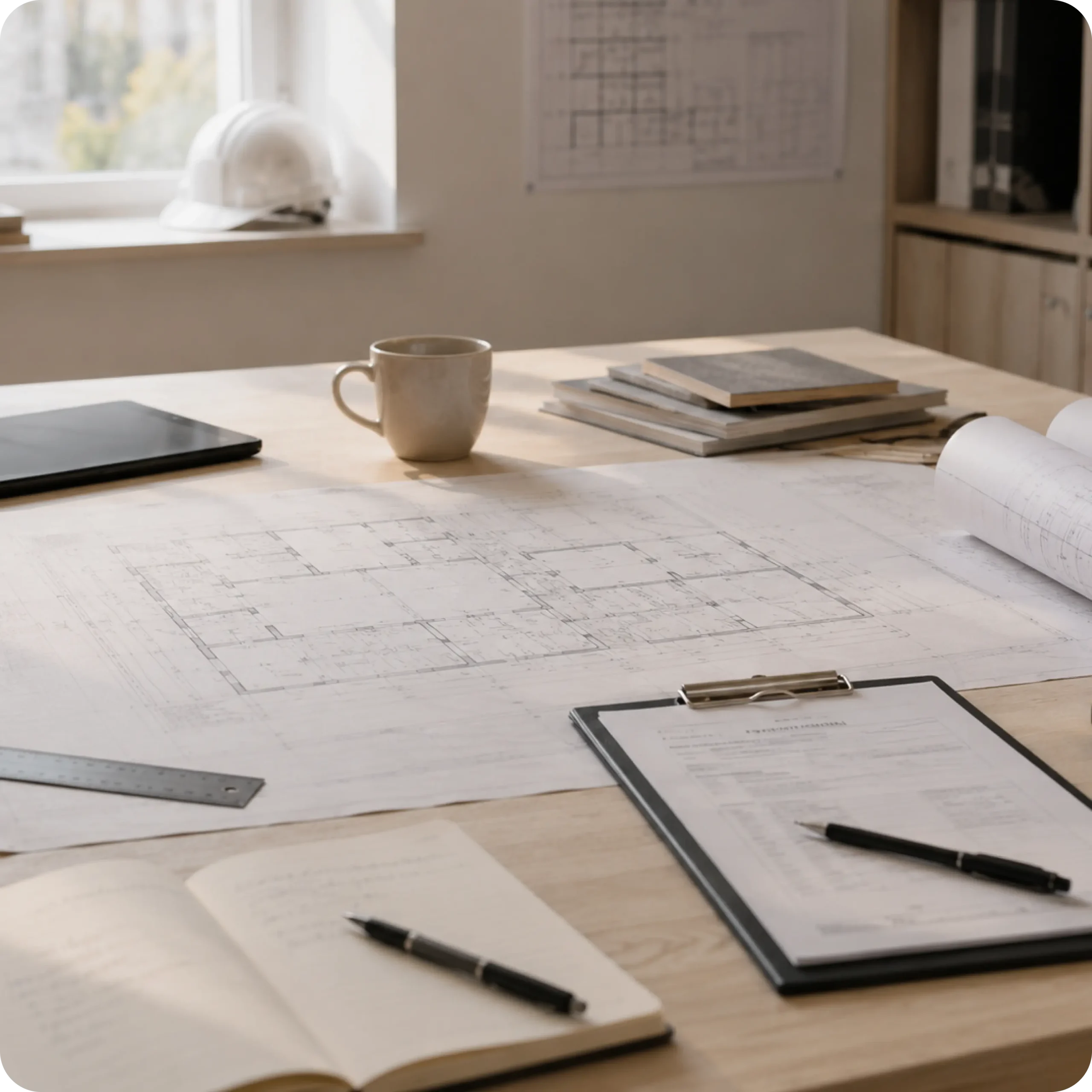 Arbeitsplatz mit Bauplänen, Klemmbrett und Schutzhelm