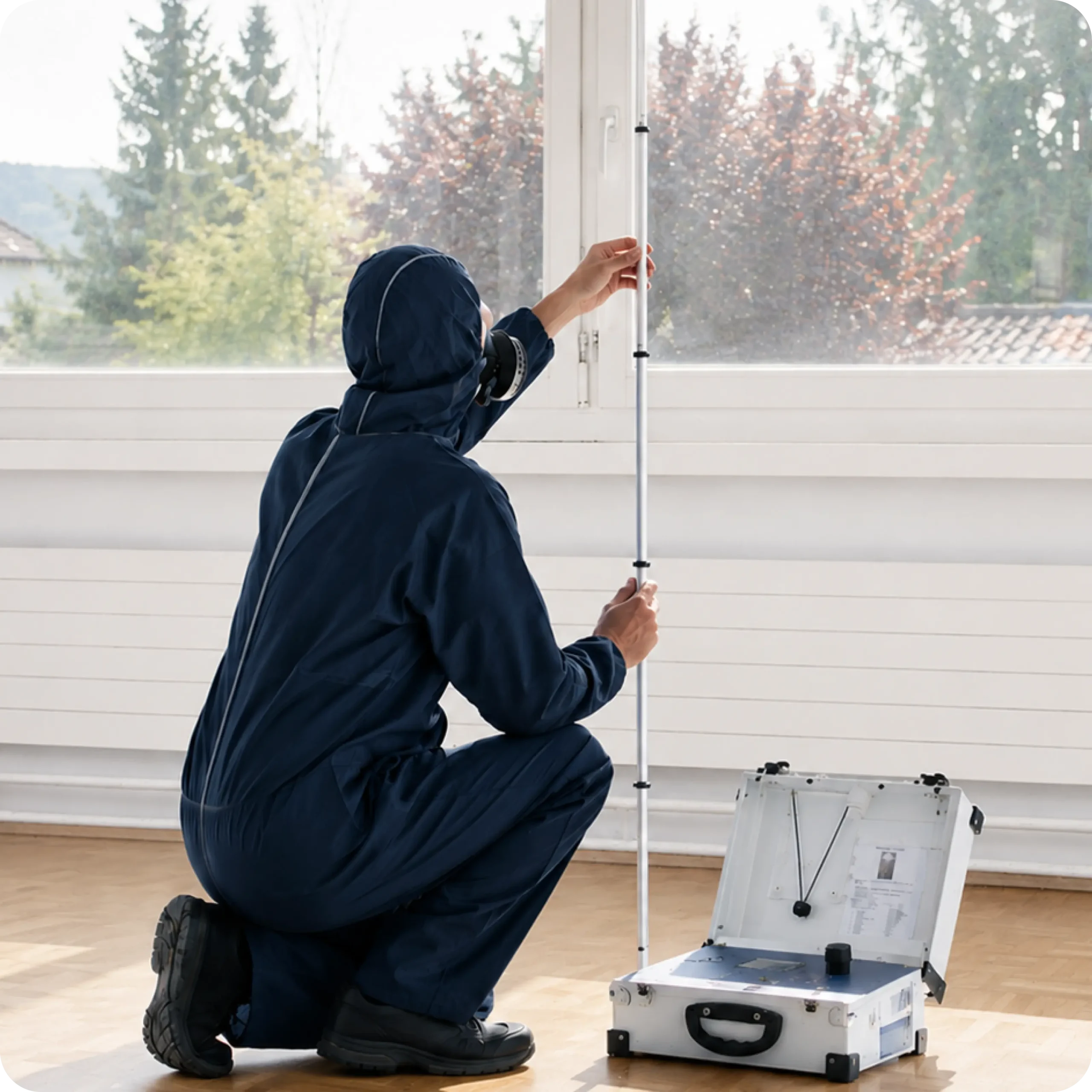 Aufbau der Messtechnik für eine Raumluftmessung an einer Fensterfront