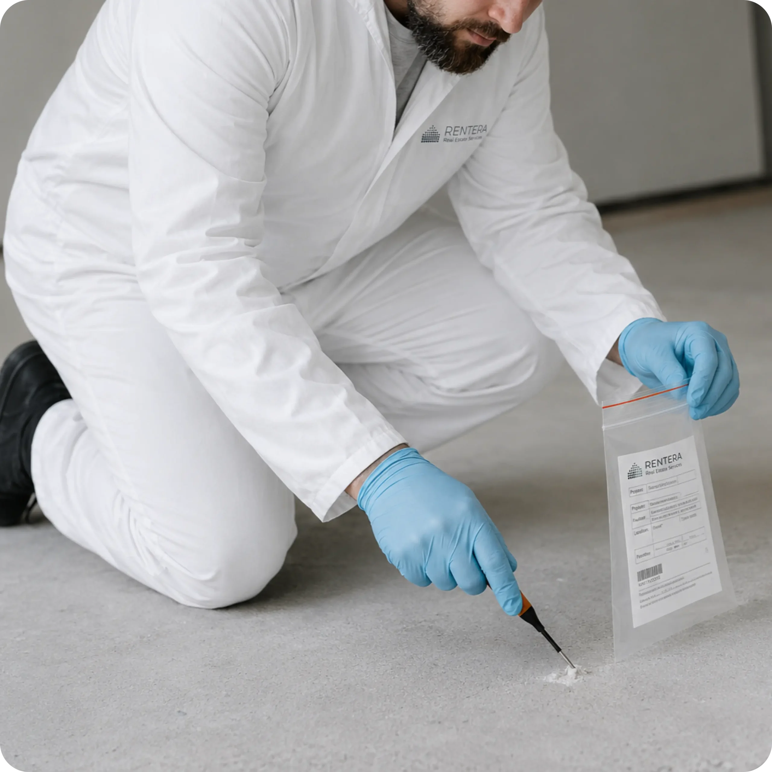 untersuchung-hero Probenahme einer Materialprobe vom Bodenbelag durch einen Mitarbeiter im Schutzanzug